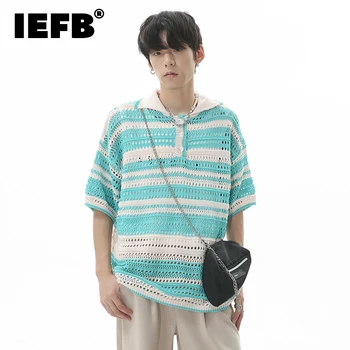 IEFB Kaus Kerah Bergaris Trendi Pria Atasan Pullover Lengan Pendek Rajutan Baru Musim Panas Kaus Berongga Fahion Gaya Korea 9C103