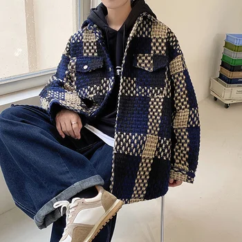 Jaket Kotak-kotak Musim Gugur Jaket Kasual Saku Retro Mode Pria Pakaian Jalanan Korea Mantel Kerah Longgar Pakaian Luar Pria M-2XL