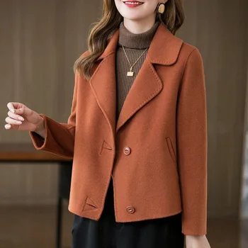 Jaket Musim Gugur Musim Dingin Pakaian Wanita Warna Solid Mantel Pendek Wol Kerah Kerah Pakaian Luar Fashion Kasual Wanita Elegan