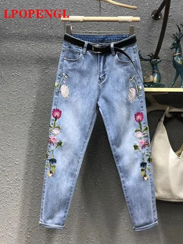 Jeans Wanita 2023 Celana Panjang Pergelangan Kaki Bordir Bunga Antik Baru Jeans Denim Celana Harem Kasual