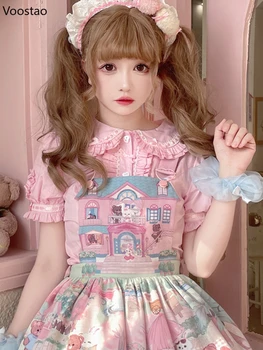 Jepang Manis Lolita Blus Wanita Kawaii Peter Pan Kerah Puff Sleeve JK Kemeja Katun Anak Perempuan Harajuku Busur Lucu Blusas Mujer