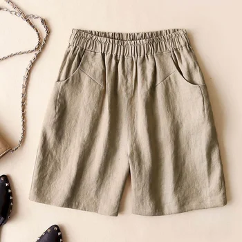 Katun Linen Celana Pendek Wanita Musim Panas Baru Vintage Pinggang Elastis Lurus Celana Kasual Longgar Kebesaran Quarter Celana Pendek Pakaian Wanita