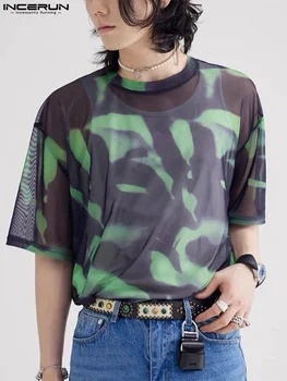 Kaus Cetak Pria INCERUN Atasan Tee Pria Mode Seksi Camisetas Tembus Pandang Jaring Lengan Pendek Leher Bulat 2023 S-5XL S-5XL