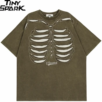 Kaus Streetwear 2023 Kaus Robek Bordir Grafis Skeleton Kaus Katun Pria Ukuran Besar Kaus Atasan Longgar Hip Hop Hipster