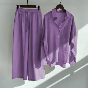 Kemeja Linen Katun 2022 Set Celana Kaki Lebar Pinggang Tinggi Setelan Musim Panas Wanita 5XL Blus Musim Gugur Kebesaran Setelan Celana Pakaian Wanita