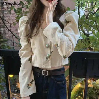 Korduroi Bordir Kemeja Wanita Bunga Elegan Leher V Manis All-Match Gaya Korea Bergaya Desain Musim Semi Estetika Vintage Baru
