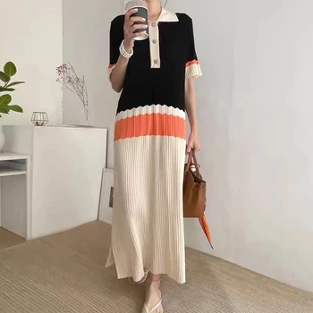 Korea Fashion Musim Panas Kasual Longgar Gaun Wanita Rajutan Es Sutra Patchwork Warna Kontras Lengan Pendek Laple Lipit Gaun