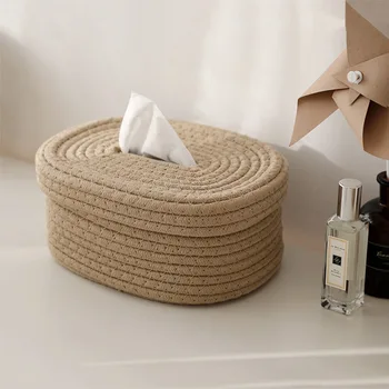Kotak tisu anyaman tali katun gaya Jepang sederhana kotak penyimpanan makanan kotak penyimpanan desktop kreatif kotak kertas pompa dicuci dengan tangan