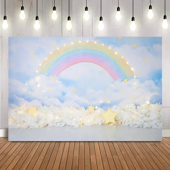 Langit Biru dan Awan Putih Latar Belakang untuk Fotografi Baru Lahir 1st Kue Ulang Tahun Menghancurkan Fotografi Latar Belakang Glitter Lampu Dekorasi