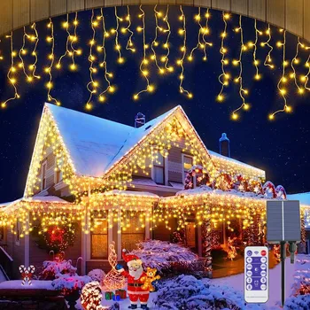 LED Solar Icicle String Lampu Tahan Air Dekorasi Natal Tirai String Lampu untuk Kamar Tidur Teras Halaman Taman Pesta Pernikahan