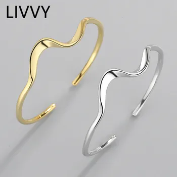 Livvy Warna Perak Minimalis Irregular Wave Twisted Open Adjustable Gelang Gelang untuk Wanita Gadis Sederhana Fashion Perhiasan