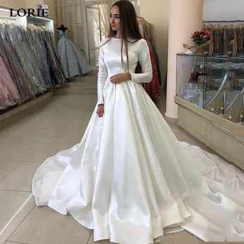 LORIE Gaun Pengantin Putri Gaun Pengantin Pernikahan Muslim Lengan Panjang Satin Gaun Pengantin Putih Kereta Panjang Vestido de Novia