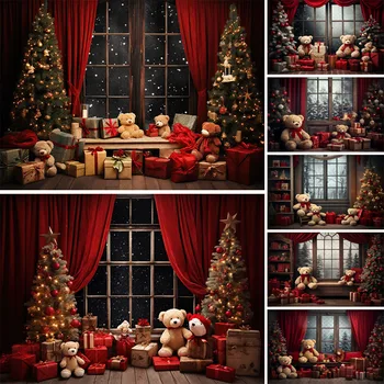 Mainan Beruang Natal Latar Belakang Hadiah Jendela Langit Berbintang Pohon Natal Anak-anak Potret Foto Latar Belakang Tirai Merah Fotografi Pemotretan