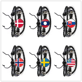 Malaysia, Laos, Denmark, Norwegia, Swedia, Slovakia Gelang Kulit Bendera Nasional Perhiasan Gelang Cabochon Kaca untuk Wanita Pria