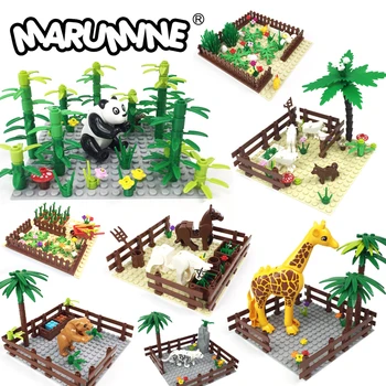 Marumine MOC Batu Bata Hewan Ternak Blok Bangunan Model Kit dengan Panda Ayam Sapi Kelinci Pohon Konstruksi Tanaman Set Mainan Anak-anak