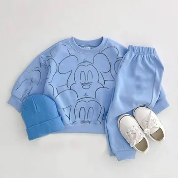 Merek Kostum Warna Solid Kaus Pakaian Anak Fashion Kasual Lengan Panjang Tshirts Cocok untuk Anak Perempuan Anak Laki-laki Kartun Mickey 2 Buah
