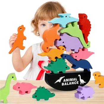 Montessori Kayu Keseimbangan Blok Mainan untuk Anak-anak Hewan Dinosaurus Bangunan Susun Permainan Papan Tinggi Mainan Kayu Anak Laki-laki Anak-anak Hadiah