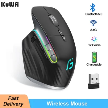 Mouse Nirkabel KuWFi Mouse Gaming USB Mode Ganda Bluetooth5.0+2.4 G Hz Mouse Vertikal Senyap Isi Ulang Ergonomis untuk Komputer