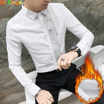 Musim Dingin Putih Bulu Panjang Kemeja Pria Fashion Slim Kemeja Pria QJ Cinga Baru Pria Top Renda Jahitan Dekorasi Camisa