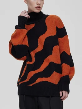 Musim Dingin Wanita Turtleneck Garis-garis Cetak Sweater Pullover Kebesaran Khaki Orange Kerah Tinggi Fashion Sweater Rajutan untuk Wanita