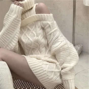 Musim Gugur Musim Dingin Gaya Korea Wanita Turtleneck Rajutan Sweater Fashion Liar Pakaian Rajut Lebih Tahan Dr Wanita Seksi Pullover Bahu Terbuka