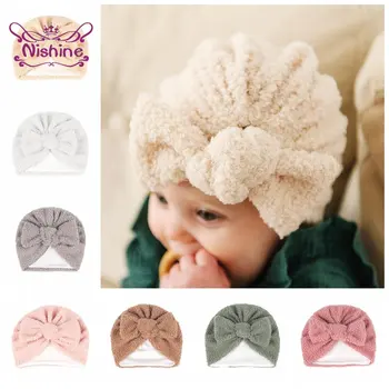 Nishine Topi Busur Sorban Bayi Baru Lahir Topi Musim Dingin Antumn Lapisan Ganda Beanie Lembut dengan Bulu Aksesori Rambut Bayi Perempuan Topi Anak-anak Topi