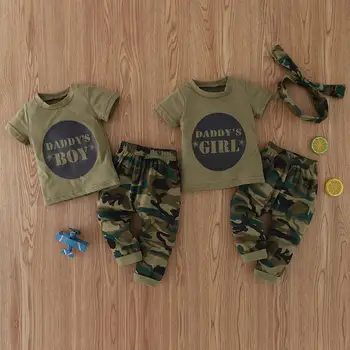 Pakaian Musim Panas 2020 Pakaian Bayi Laki-laki Perempuan Atasan Hijau Tentara Cetak Huruf Lengan Pendek + Celana Kamuflase 2 Buah Pakaian Bayi
