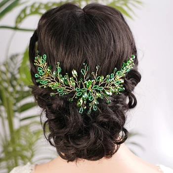Pita Rambut Berlian Imitasi Hijau Aksesori Rambut Buatan Tangan Set Anting Ikat Kepala Pernikahan Pengantin untuk Perhiasan Rambut Pesta untuk Wanita