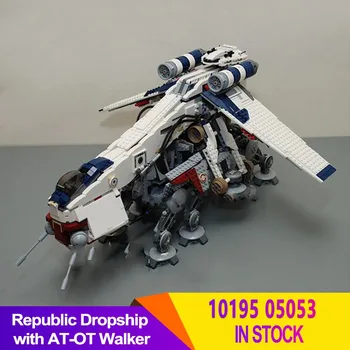 Republic Dropship dengan AT-OT Walker Blok Bangunan Batu Bata Kompatibel 05053 10195 Hadiah Mainan Kapal Pengangkut