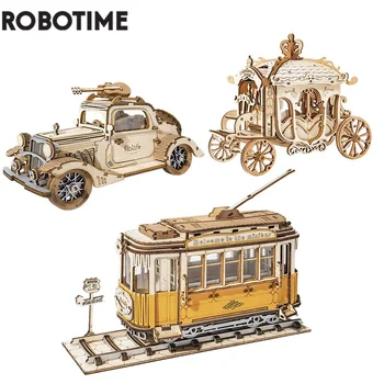 Robotime 3 Jenis Kit Bangunan Model Kayu Transportasi 3D DIY Hadiah Mainan Kereta Trem Mobil Antik untuk Anak-anak Dewasa