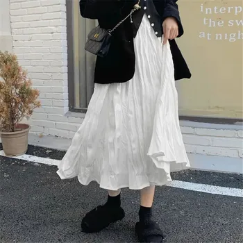 Rok Panjang Berkerut Tidak Beraturan Elegan Jepang Rok Lipit Hitam Putih Berkerut Pinggang Tinggi Wanita 2022 Korean Gothic Midi Saia