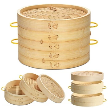 Sangkar Bambu / Penutup Bambu / Sangkar & Penutup Bambu China Dumpling Bamboo Steamer Cooker 15/20/25/30 Cm dengan Tutup Dimsum dengan Pegangan