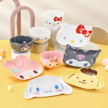 Sanrio Hello Kitty Kuromi Cinnamoroll Peralatan Makan Keramik My Melody Pachacco Set Mangkuk dan Piring Relief Mode Peralatan Makan Rumah Tangga