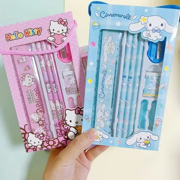 Sanrio Set Alat Tulis Pensil Penghapus Penggaris Kawaii Hello Kitty Kuromi Cinnamoroll Lukisan Perlengkapan Sekolah Hadiah Anak Pelajar