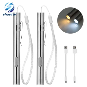 Senter LED Isi Ulang Lampu Pena MINI Obor Putih dingin + cahaya putih hangat Dengan kabel pengisi daya USB Digunakan untuk berkemah, dokter