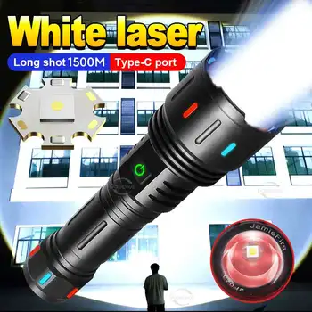 Senter Led Laser Putih Super Terang Senter Isi Ulang Ultra Kuat Lampu Fluoresensi Bank Daya Zoom Obor 30W 1500M
