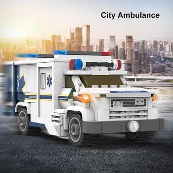 Set Blok Truk Pengangkut Hewan Ambulans Mobil Penyelamat Polisi Kota MOC Mainan Batu Bata Bangunan Kendaraan DIY untuk Hadiah Anak-anak