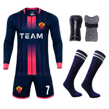 Set Kaus Sepak Bola Anak-anak Pakaian Sepak Bola Pria Setelan Seragam Sepak Bola Anak-anak Kit Jersey Olahraga Kaus Kaki Bantalan Pelindung Tulang Kering Gratis
