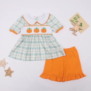 Set Pakaian Bayi Perempuan 2 Buah Setelan Katun Bodysuit Bordir Labu Kaus Mint Pakaian Balita Celana Pendek Halloween untuk 1-8T Babi