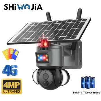 SHIWOJIA 4G Kamera Tenaga Surya Panel Surya Luar Ruangan 3MP / 4MP HD CCTV Keamanan Nirkabel WIFI Baterai 21000mAh dengan Alarm Sirene Anti Maling