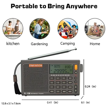 Sihuadon R-108 Radio Portabel Digital Stereo FM LW SW MW Penerima Radio DSP Udara Fungsi Alarm Suara LCD AM untuk Radio Luar Ruangan