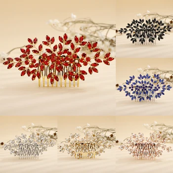 Sisir Rambut Pengantin Berlian Imitasi Aksesori Kepala Pernikahan Emas Perak Perhiasan Headpiece Pengantin Biru Tiara Merah Hitam Buatan Tangan untuk Wanita