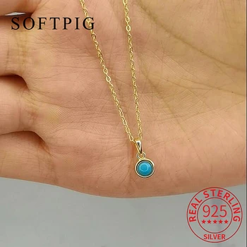 SOFTPIG Real 925 Sterling Silver 14K Berlapis Emas Bulat Turquoise Pendant Kalung Choker untuk Wanita Perhiasan Klasik