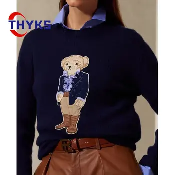 Sweter Bordir Beruang Kartun Klasik Wanita 2023 Pullover Rajut Kasual Serbaguna Pakaian Rajut Streetwear Uniseks Solid Antik