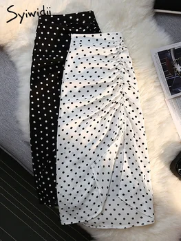 Syiwidii Rok Wanita Belahan Samping Shirring Baru Motif Polka Dot Pita Elastis Punggung Pinggang Tinggi Putih Rok Panjang Midi Wanita Elegan