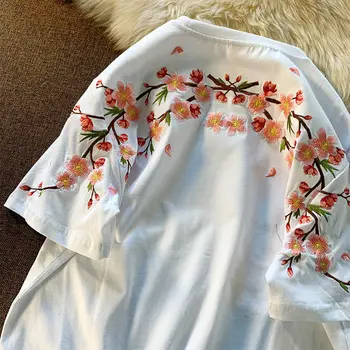 T-shirt Bordir Bunga Sakura Gaya Jepang Estetika Atasan Kaus Musim Panas Katun Wanita Seksi Atasan Kasual Longgar Leher-O Harajuku
