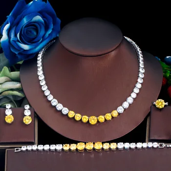 ThreeGraces 4 Buah Anting CZ Bulat Zirkonia Kubik Kuning Mengkilap Set Perhiasan Pesta Pengantin untuk Wanita TZ821