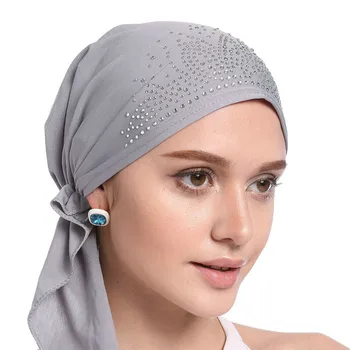 Topi Jilbab Muslim Fashion Topi Jilbab Dalam Wanita Musim Panas Tipis Topi Serban Berlian Padat Topi Bungkus Kepala India untuk Wanita