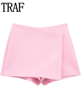 TRAF Celana Pendek Rok Merah Muda 2023 Celana Rok Pinggang Tinggi Asimetris Y2K Streetwear Kasual Rok untuk Wanita Rok Mini Bungkus Mode
