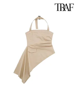 Traf Wanita Fashion Asimetris Sisi Lipit Tank Top Vintage Adjustable Gesper Halter Sisi Ritsleting Wanita Camis Mujer